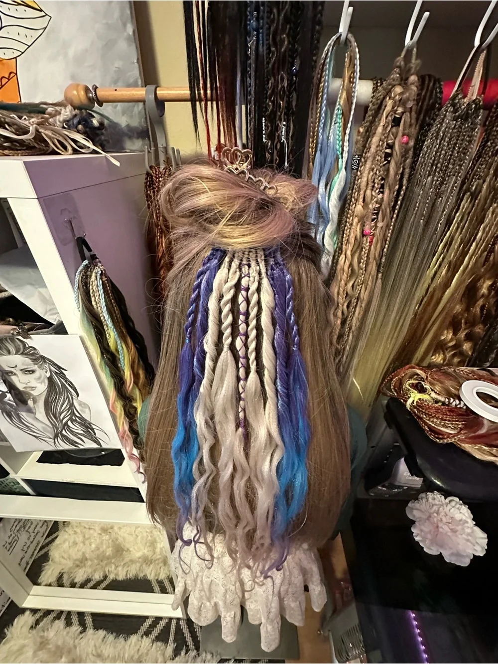 Colorful Synthetic Hair Extensions — Purple, Blue & Silver Accent Braids